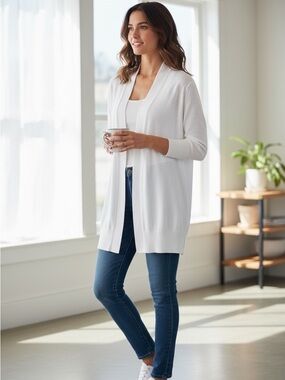 Lands' End Women's Open-Front Cream/white  Long Cardigan size medium
